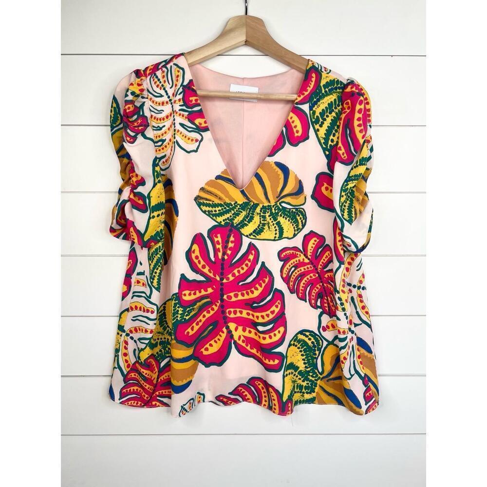 Adrienne Tropical Palm Print V-Neck Half Puff Sleeves Blouse Top Size Medium